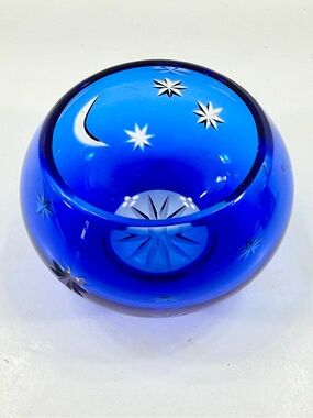Faberge Galaxie Cobalt Blue Cut Crystal Bowl Moon Stars Signed Vintage 3”